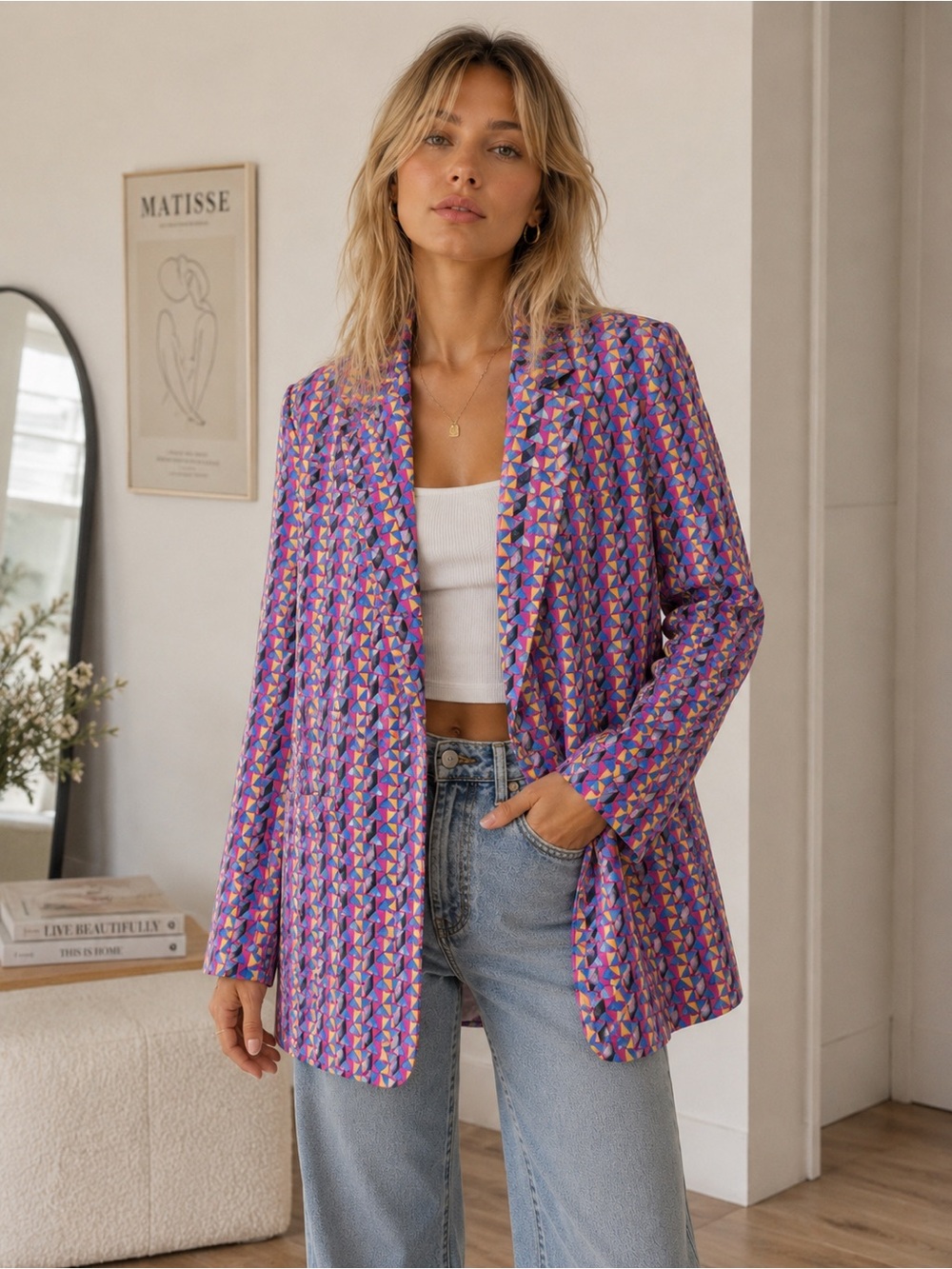 Sunny Studio Paris Printed Purple Geometric Blazer Jacket Vintage!
